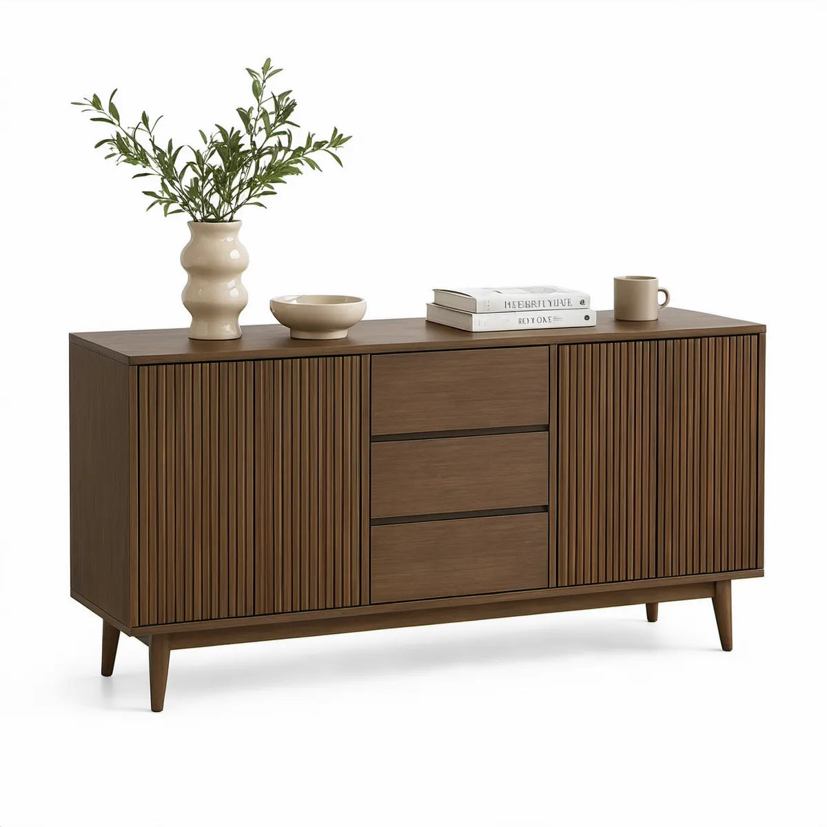 Komoda z MDF v dekoru ořechu se 3 zásuvkami a 2 lamelovými dvířky, hnědá, 160 × 40 × 80 cm