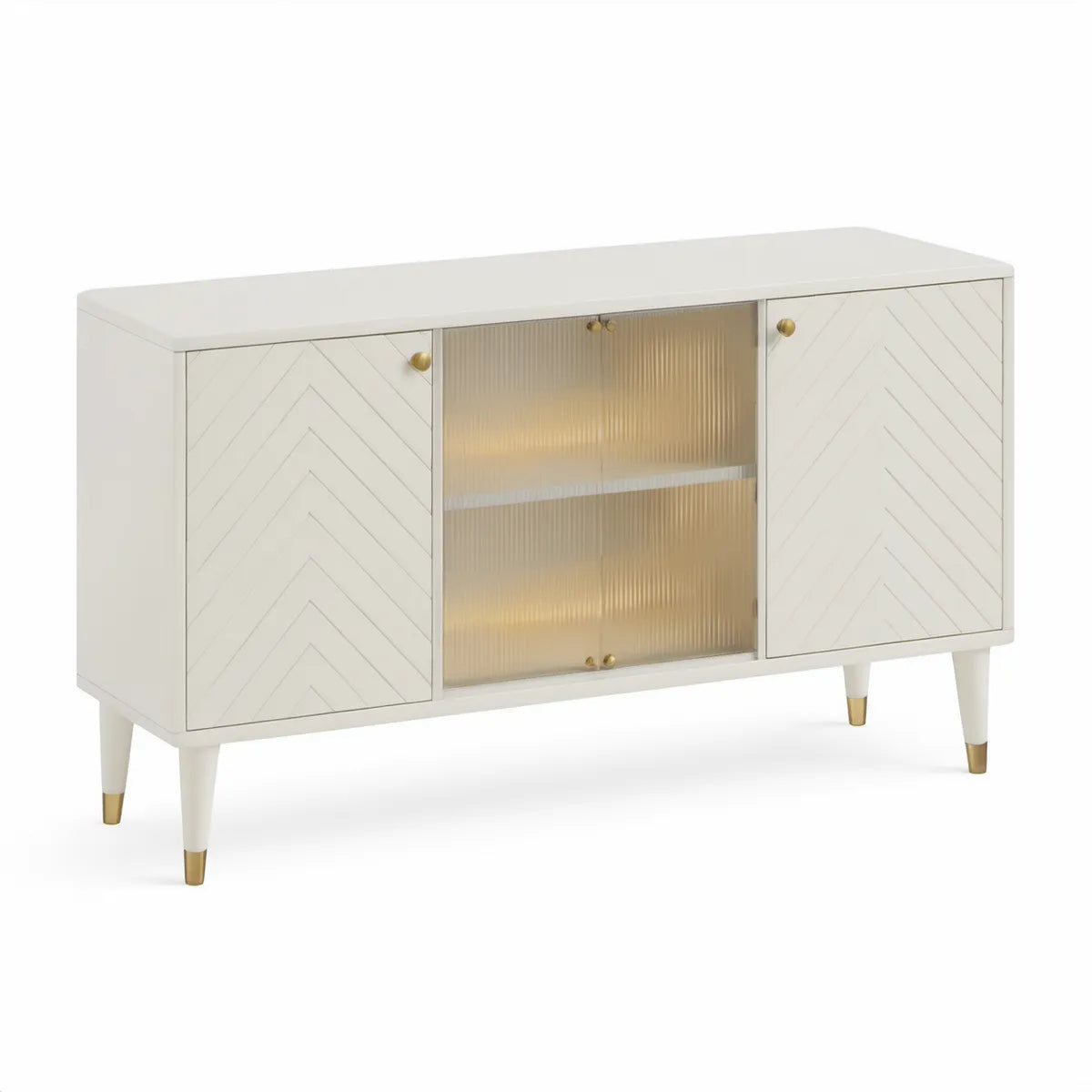 Bílý příborník se 4 dvířky z MDF a rýhovaného skla, 150 × 40 × 80 cm