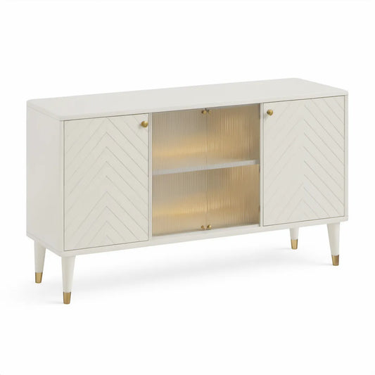 Bílý příborník se 4 dvířky z MDF a rýhovaného skla, 150 × 40 × 80 cm