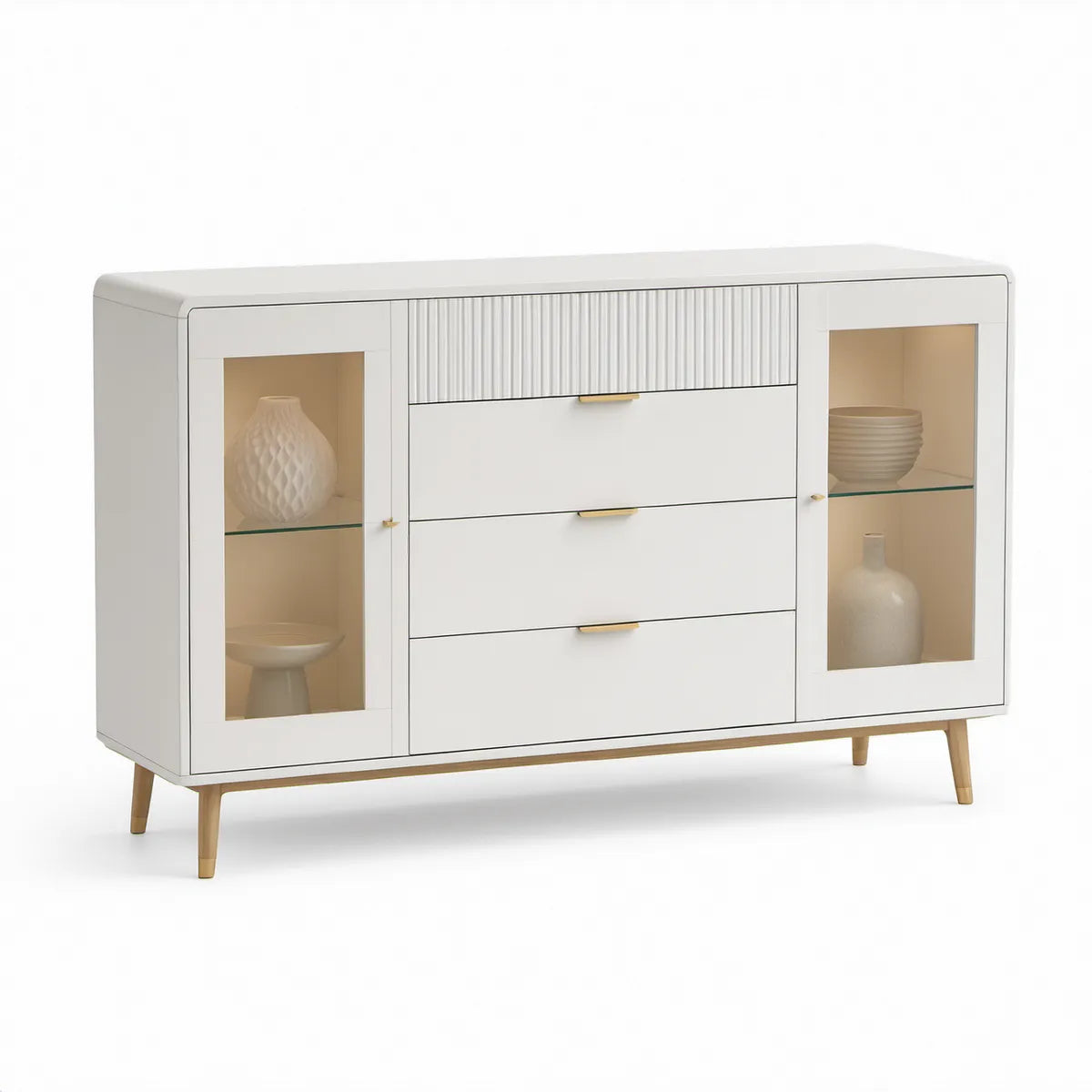 Bílý příborník z MDF a tvrzeného skla se zlatými úchytkami, 160 × 40 × 90 cm
