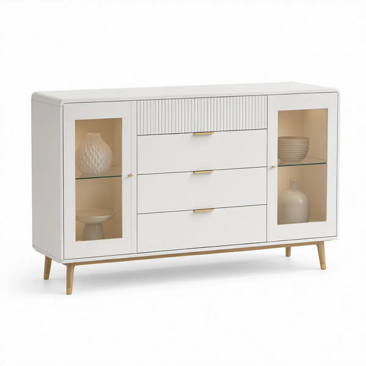 Bílý příborník z MDF a tvrzeného skla se zlatými úchytkami, 160 × 40 × 90 cm