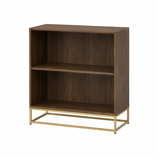 Otevřený regál z MDF v dekoru tmavého ořechu se zlatou ocelovou podnoží, 80 × 40 × 100 cm